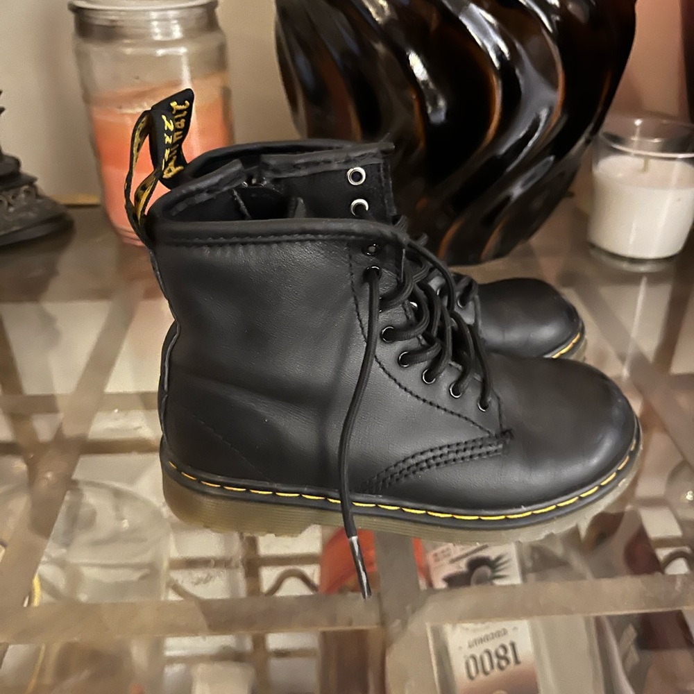 Dr. Martens Black Kids Boots with Yellow Stitching size 10